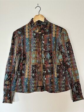 90s Multicolor Embroidered Patchwork Button-Down Shirt